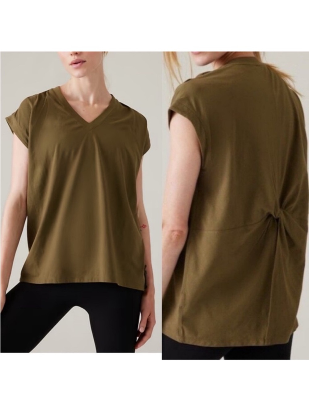 Athleta Olive Green V-neck Outbound Twist Tee Sleeveless Top M